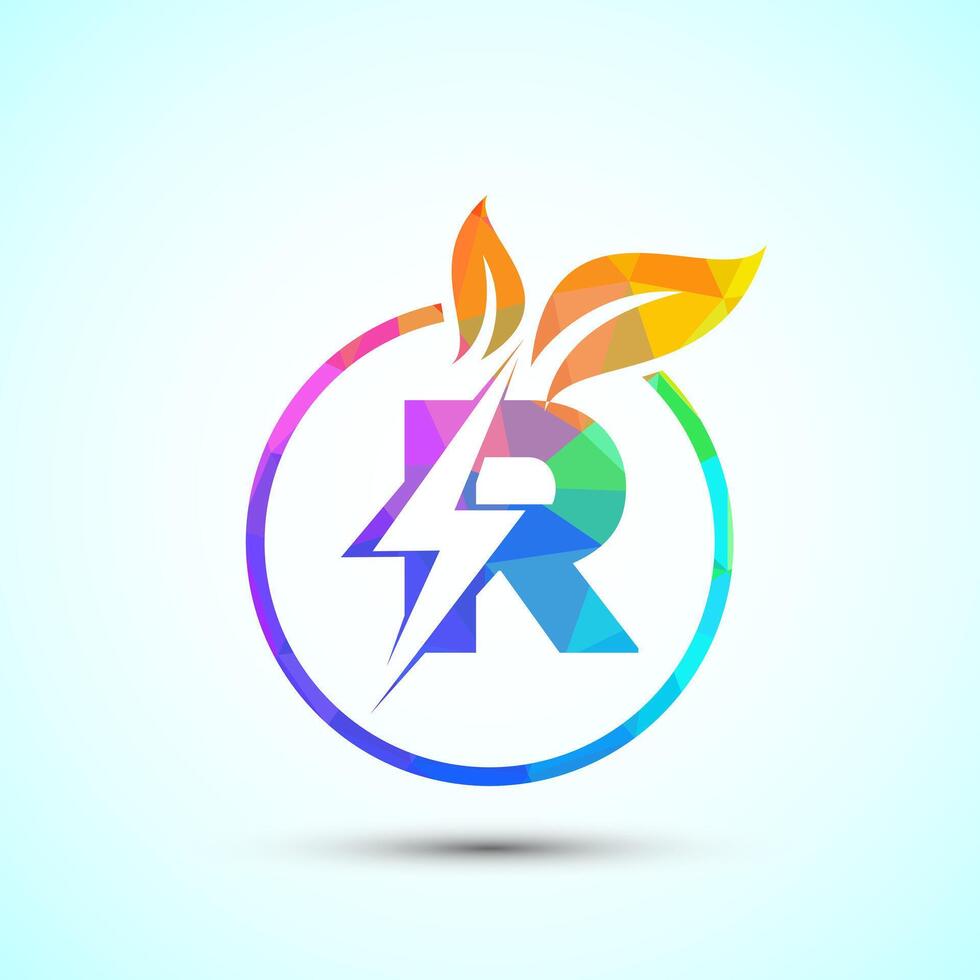 English alphabet R with thunderbolt and leaf. Eco energy saver icon, Nature power electric logo vector