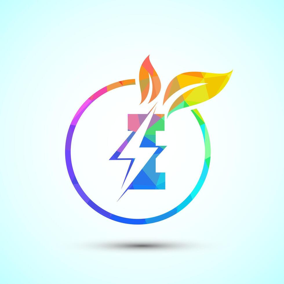 English alphabet I with thunderbolt and leaf. Eco energy saver icon, Nature power electric logo vector