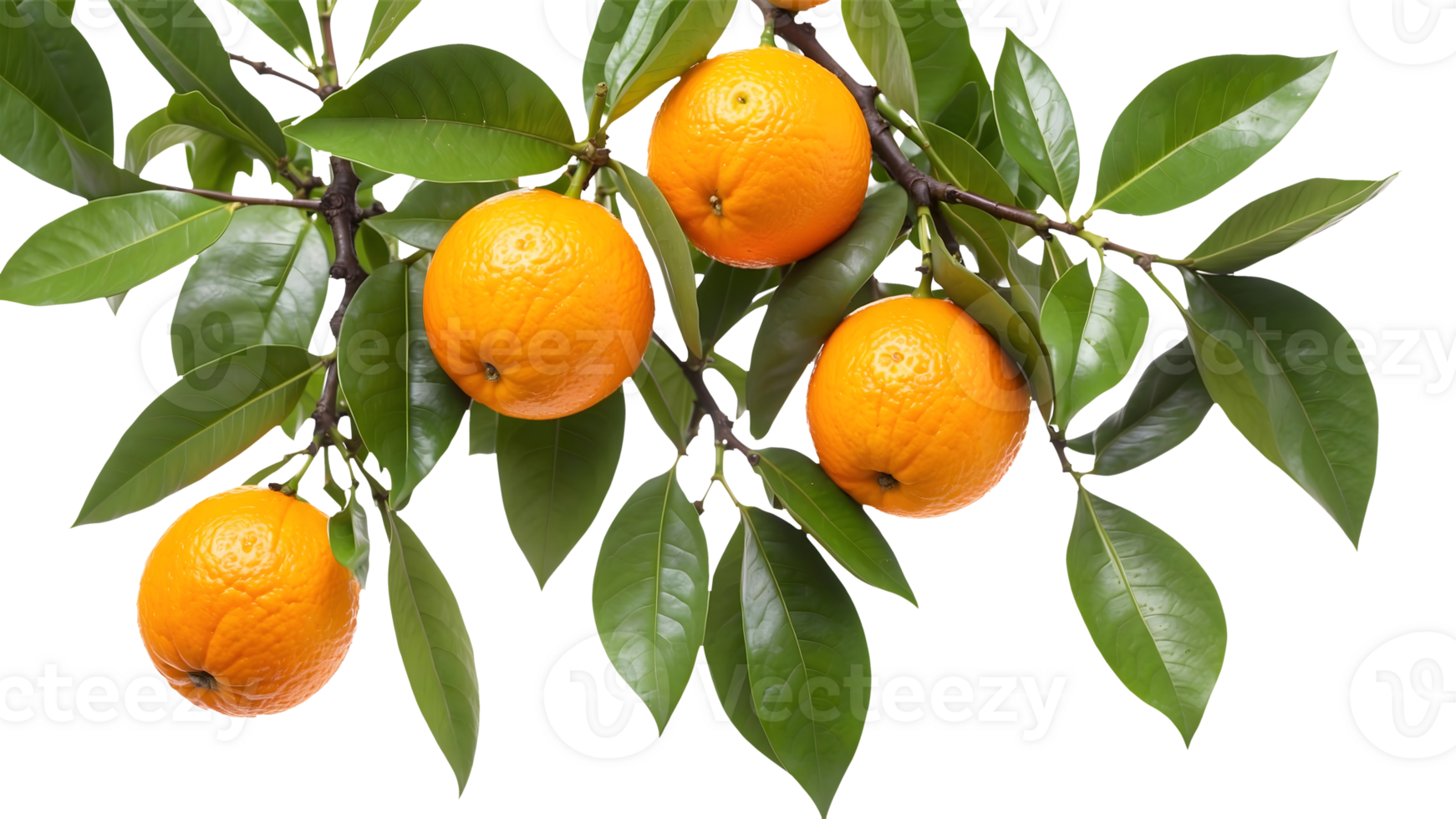 Oranges on Green Branch with Glossy Leaves, Detailed and Isolated on Transparent Background for Organic Branding png