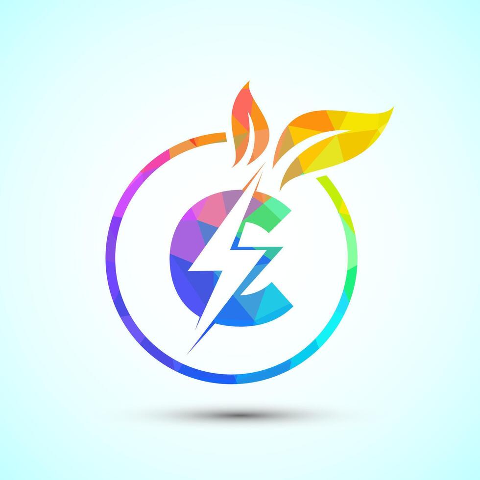 English alphabet C with thunderbolt and leaf. Eco energy saver icon, Nature power electric logo vector