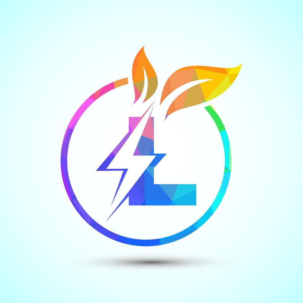 English alphabet L with thunderbolt and leaf. Eco energy saver icon, Nature power electric logo vector
