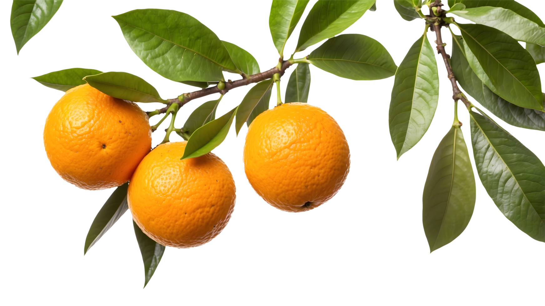 Fresh Oranges on Lush Green Branch with Glossy Leaves, Isolated for Clean Marketing, Digital Banners, and Cover Designs png