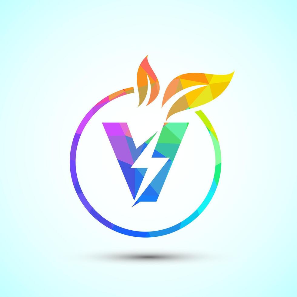 English alphabet V with thunderbolt and leaf. Eco energy saver icon, Nature power electric logo vector