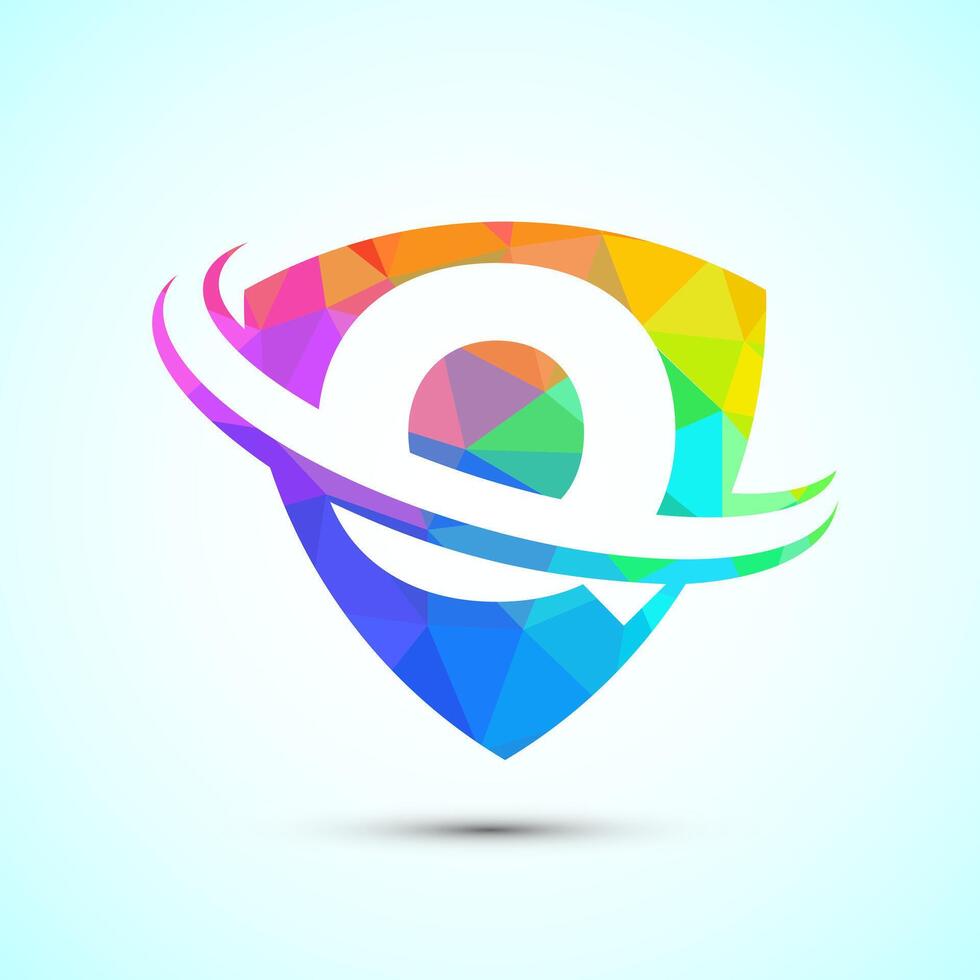 English alphabet Q with shield and swoosh. Creative modern logo design low poly style vector