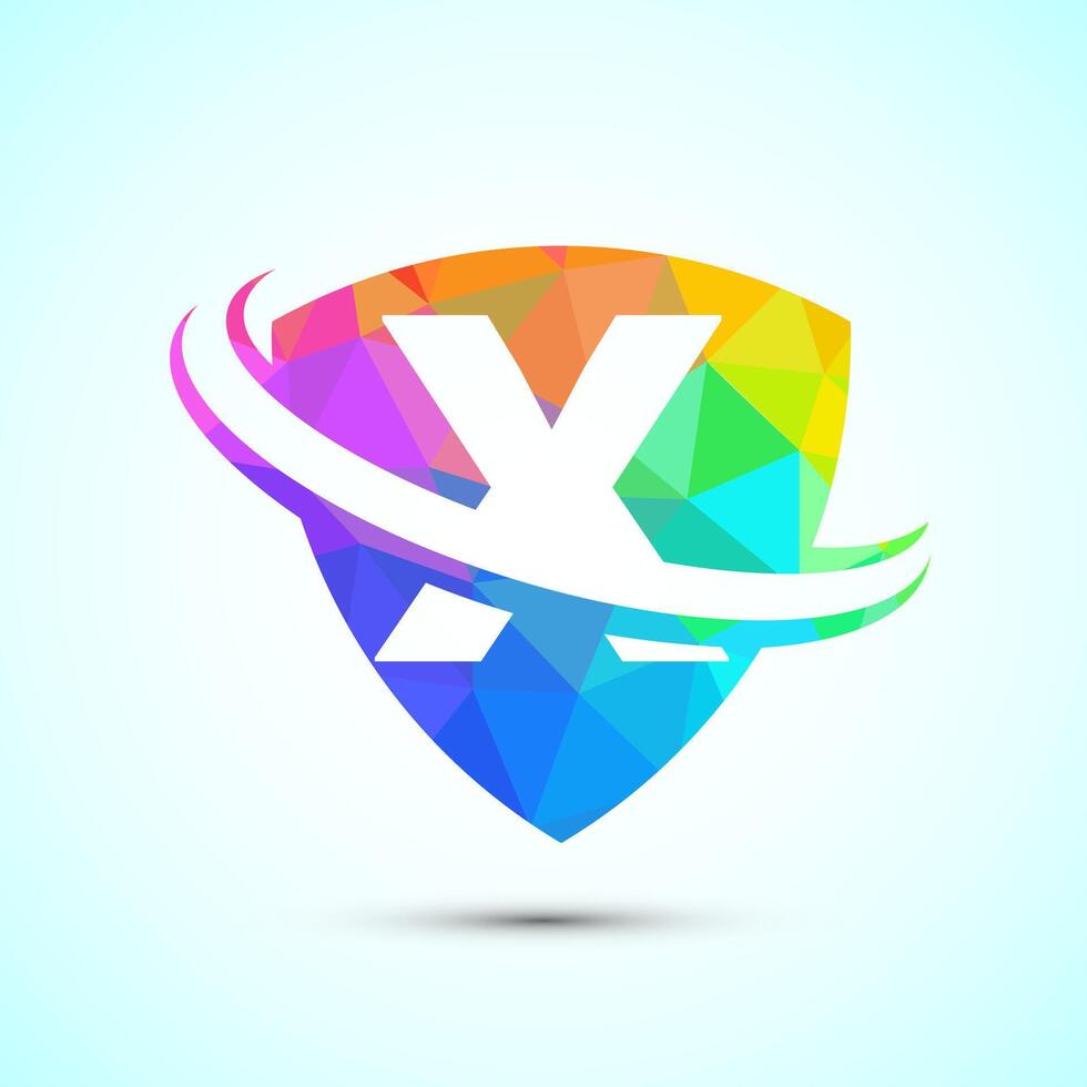 English alphabet X with shield and swoosh. Creative modern logo design low poly style vector