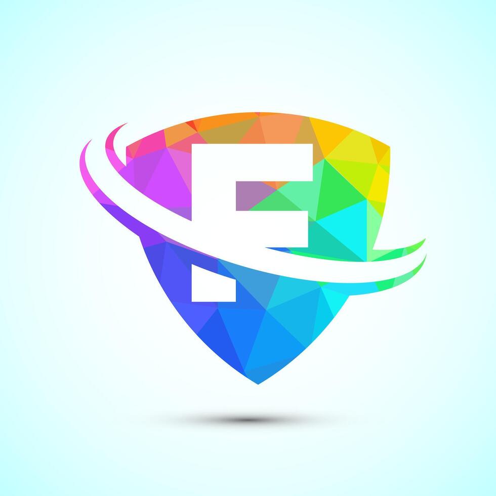 English alphabet F with shield and swoosh. Creative modern logo design low poly style vector