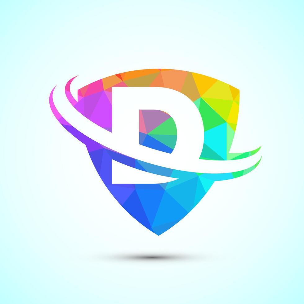 English alphabet D with shield and swoosh. Creative modern logo design low poly style vector