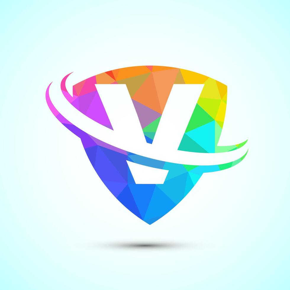 English alphabet V with shield and swoosh. Creative modern logo design low poly style vector