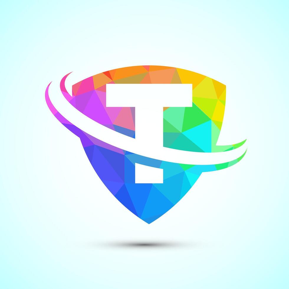 English alphabet T with shield and swoosh. Creative modern logo design low poly style vector