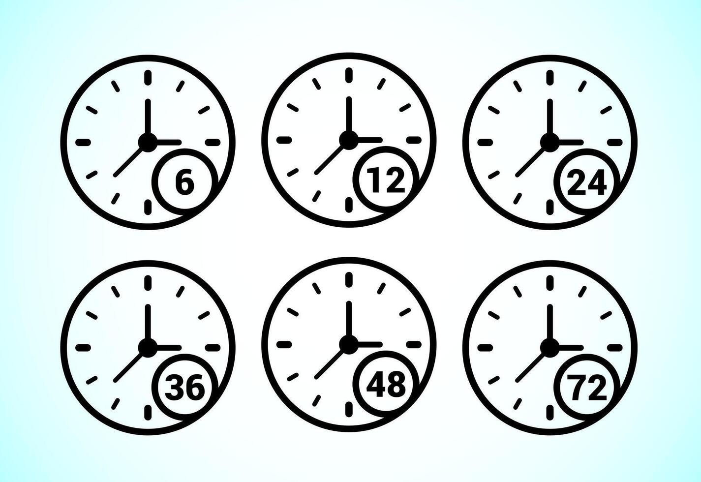 Work time icon design. 6, 12, 24, 36, 48 and 72 hours clock icons vector