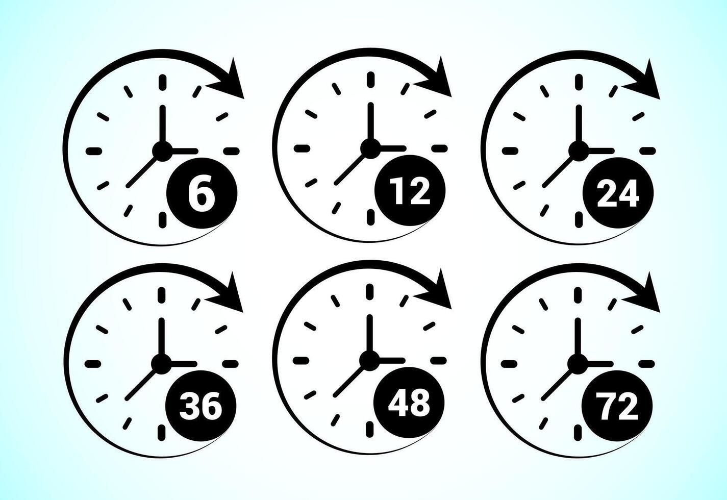 Work time icon design. 6, 12, 24, 36, 48 and 72 hours clock icons vector
