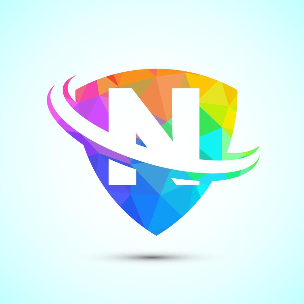 English alphabet N with shield and swoosh. Creative modern logo design low poly style vector