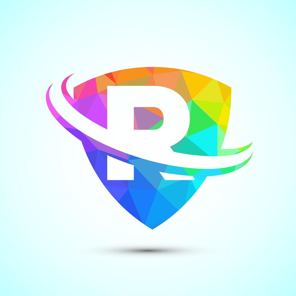 English alphabet R with shield and swoosh. Creative modern logo design low poly style vector