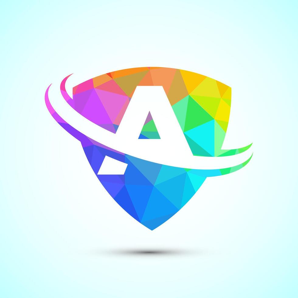 English alphabet A with shield and swoosh. Creative modern logo design low poly style vector