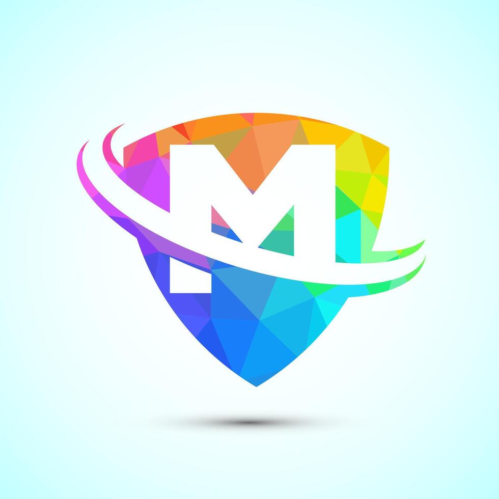 English alphabet M with shield and swoosh. Creative modern logo design low poly style vector