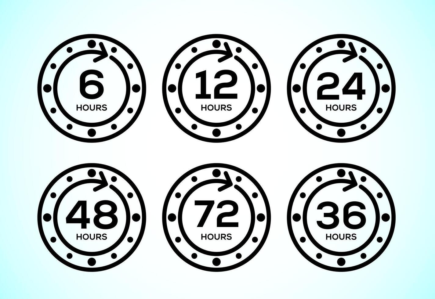 Work time icon. 6, 12, 24, 36, 48 and 72 hours clock icons vector