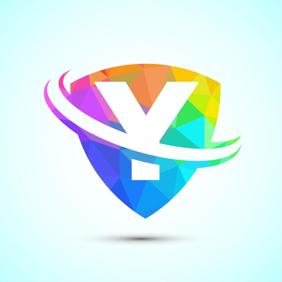 English alphabet Y with shield and swoosh. Creative modern logo design low poly style vector