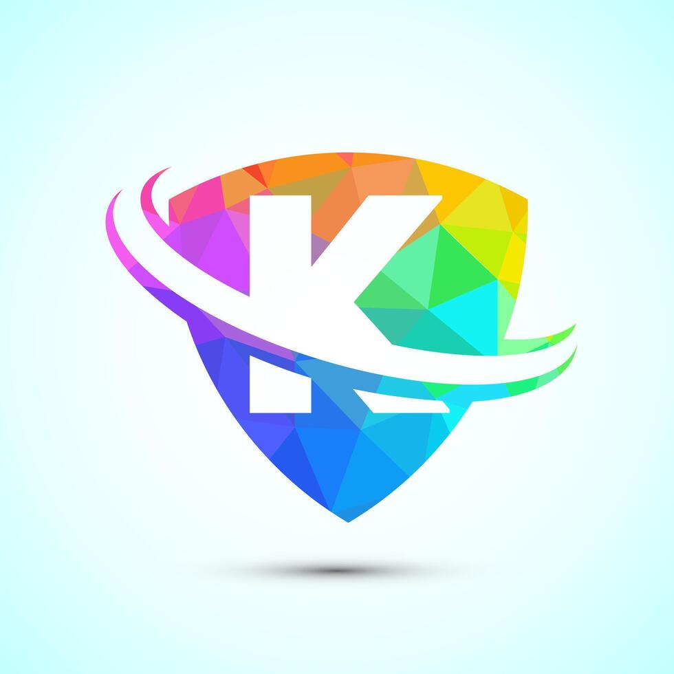 English alphabet K with shield and swoosh. Creative modern logo design low poly style vector