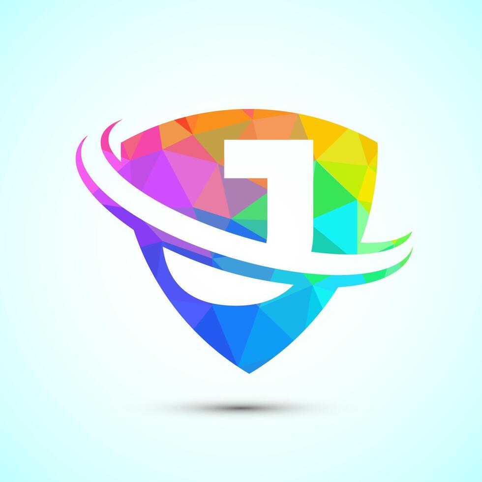 English alphabet J with shield and swoosh. Creative modern logo design low poly style vector