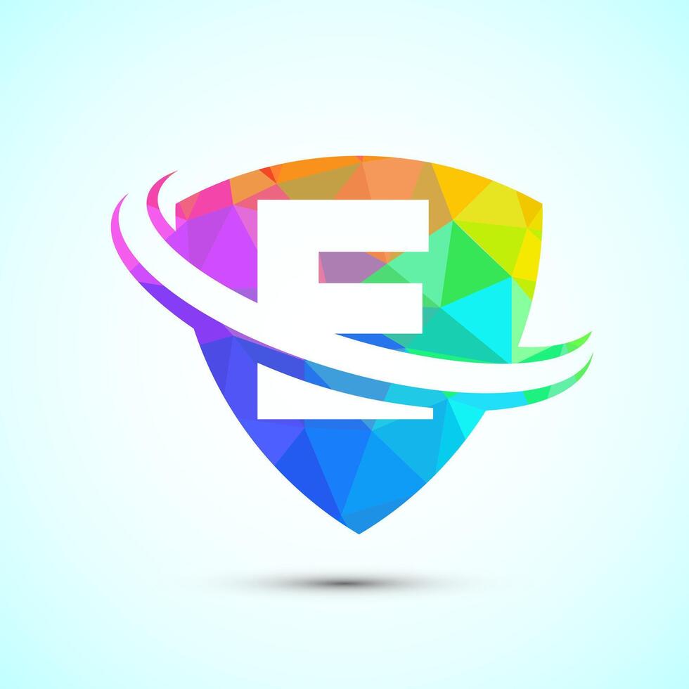 English alphabet E with shield and swoosh. Creative modern logo design low poly style vector