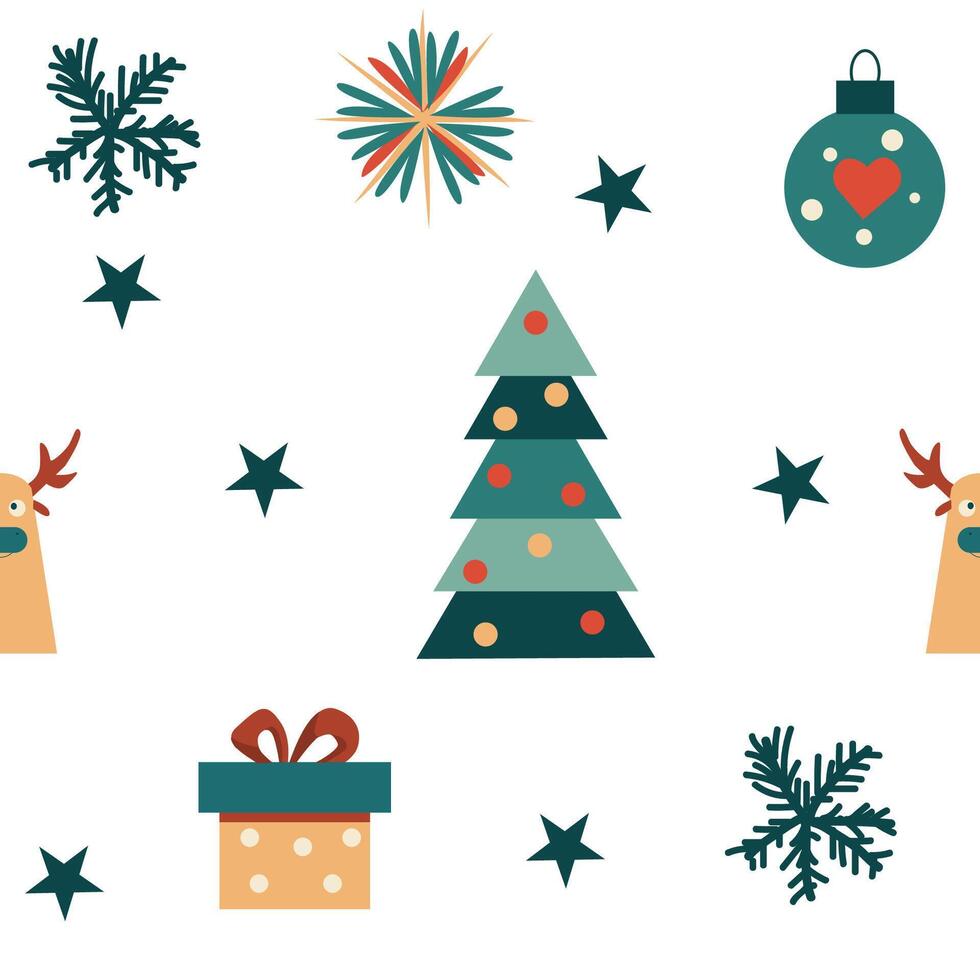 pattern with deer, a gift and a Christmas tree on awhite background vector