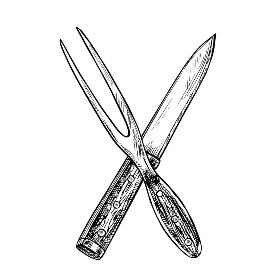A fork and a barbecue knife. graphics with images of kitchen utensils. Black and white hand-drawn illustration. An element of the design of a kitchen, restaurant, recipe, menu, posters, labels. vector