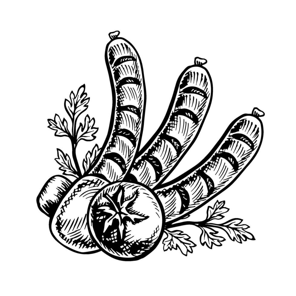 Fried sausages with vegetables. graphics with barbecue image. A black and white hand-drawn illustration. On a white background. For a menu, poster or label. For cooking recipes, invitations. vector