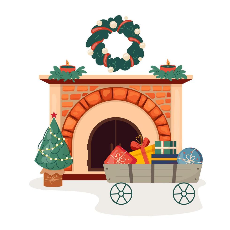 Cozy winter interior bonfire with red brick arch and iron doors decorated for winter holidays Christmas fireplace with wreath, gifts, candles inviting warm fire Classic hearth flat illustration vector