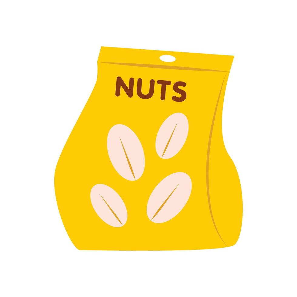 Nuts in package in flat design. Peanut, almond, hazelnut snack in pack. illustration isolated. vector
