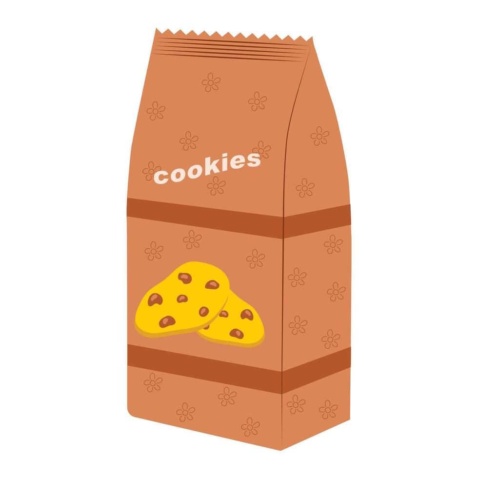 Chocolate cookies in package in flat design. Sweet snack in brown bag. illustration isolated. vector