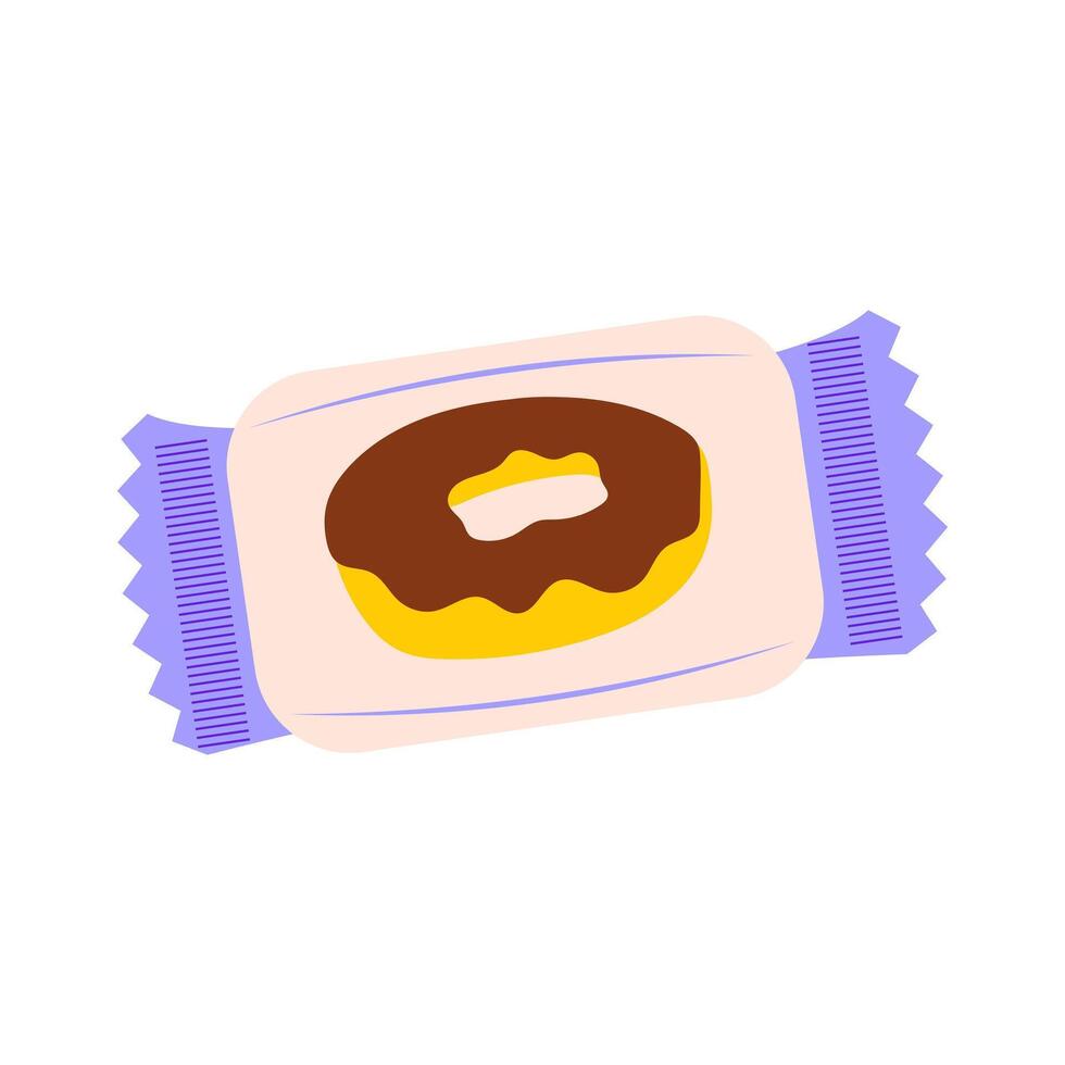 Icing donut in package in flat design. Sweet snack dessert in plastic bag. illustration isolated. vector