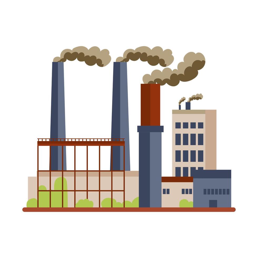 Factory with pollution pipes in flat design. Poisonous air contamination. illustration isolated. vector