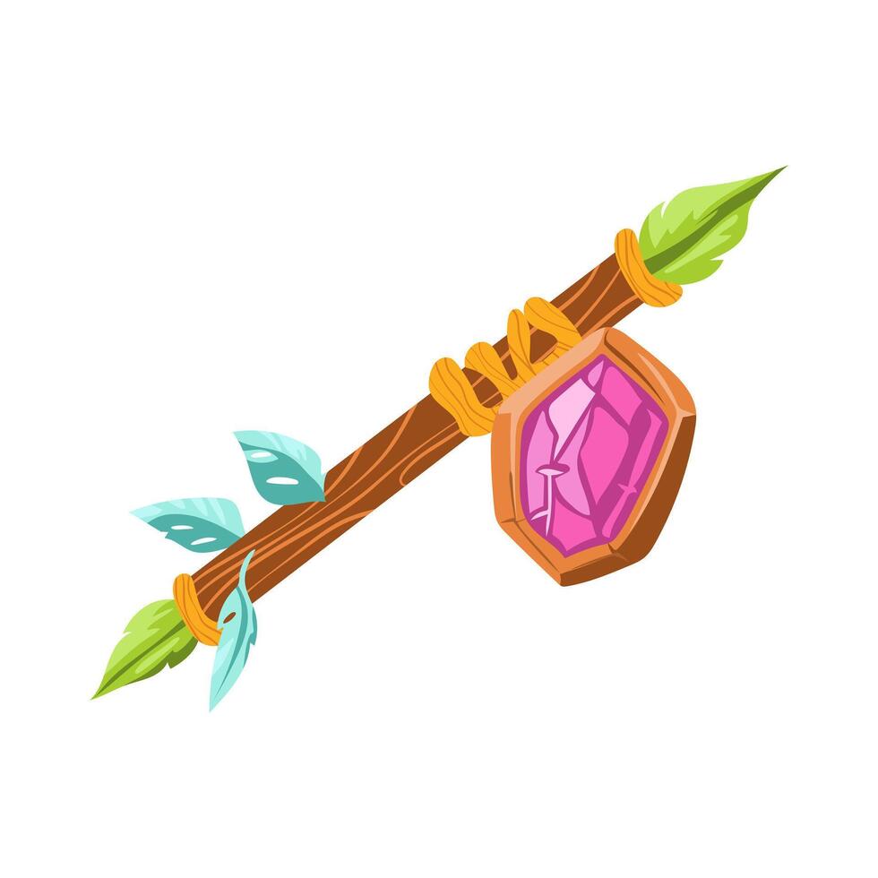 Magician staff in flat design. Magic weapon, wand with mystic crystals. illustration isolated. vector