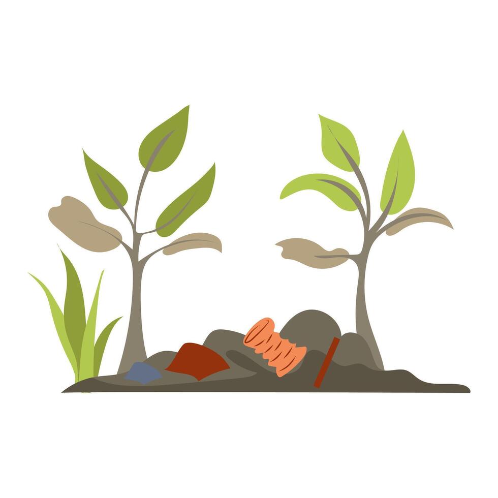 Nature and environmental pollution in flat design. Suffering plants in trash. illustration isolated. vector