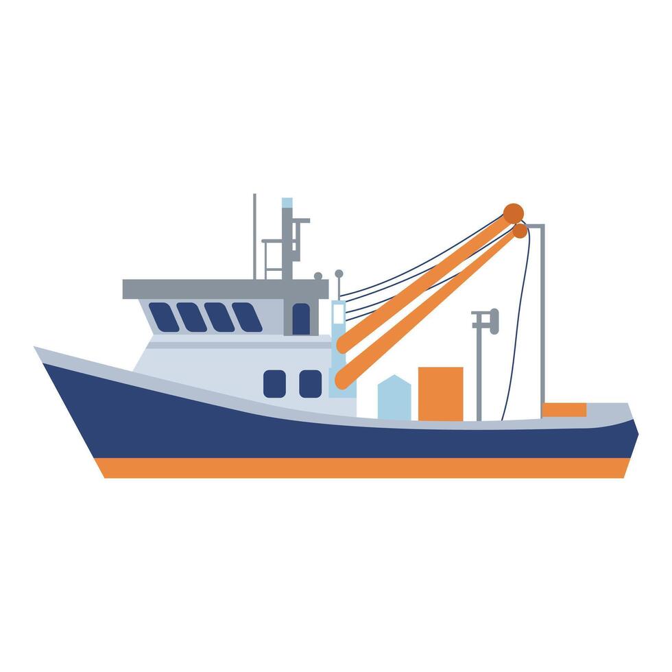 Fish industry ship in flat design. Commercial fishing trawler floating. illustration isolated. vector