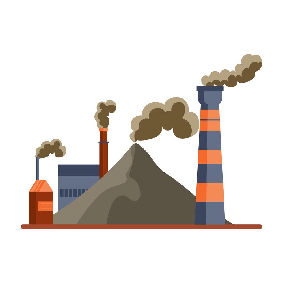 Coal mining plant with air pollution in flat design. Dirty technology production. illustration isolated. vector