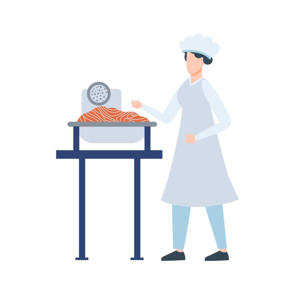 Fish industry in flat design. Operator cooking salmon mince at factory machine. illustration isolated. vector