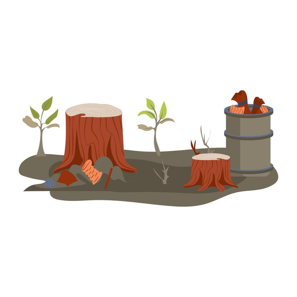 Deforestation and environmental pollution in flat design. Ecosystem destruction. illustration isolated. vector
