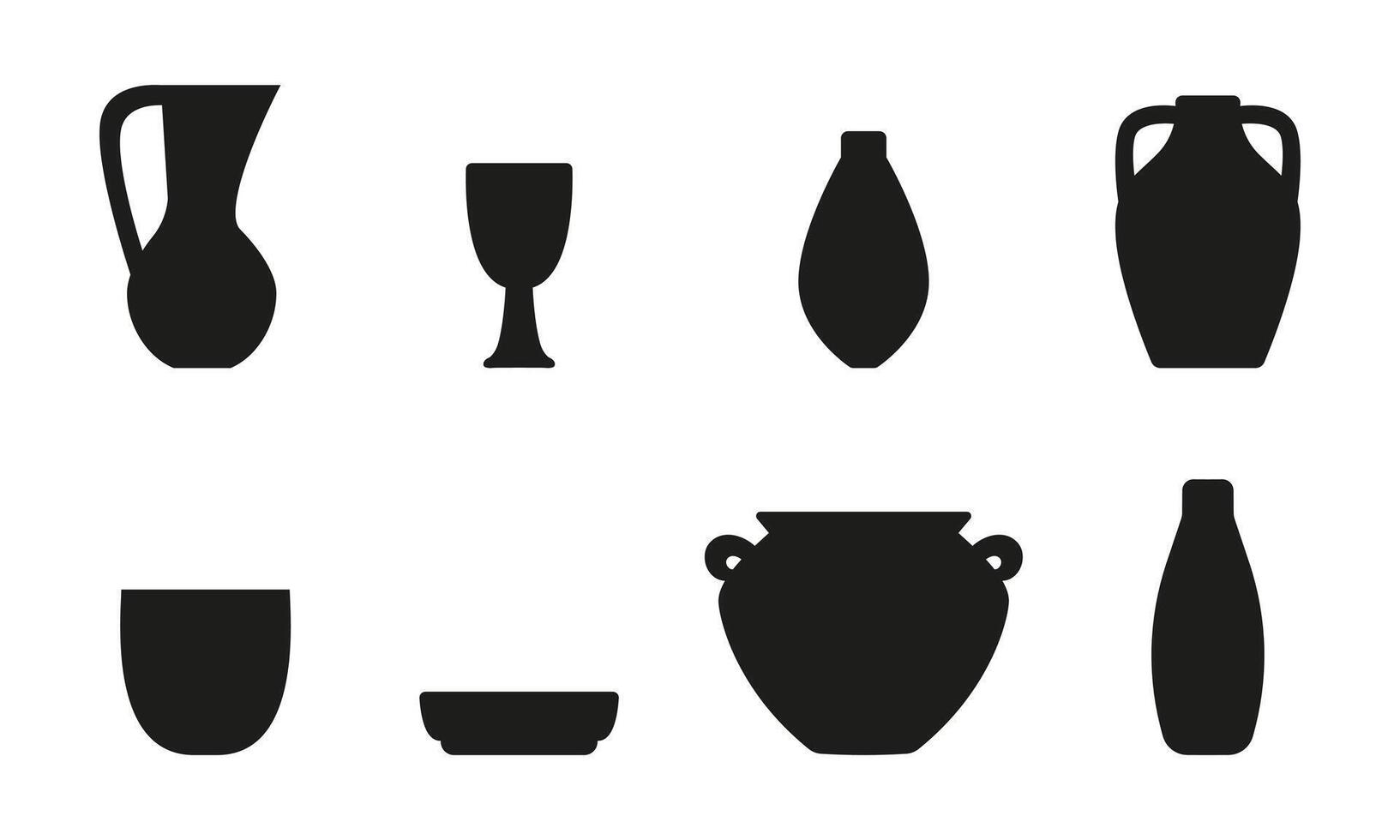 Set of Silhouettes of Jugs, pots and dishes. Black full Icons of Pottery. Amphora. Ceramics - craft with clay. Vase, cup and bowl. Plate, glass. Vessel with handle. Isolated. illustration. vector