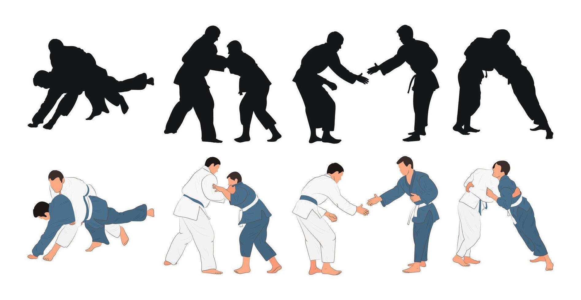 Judoka, judoist, athlete duel, fight, judo, sport figure, silhouette outline vector