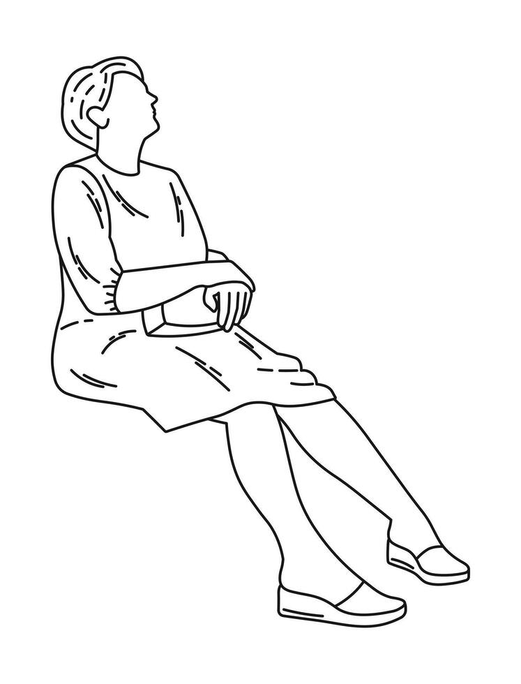 Lonely grandmother is sit on chair waiting someone, side view, sketch vector