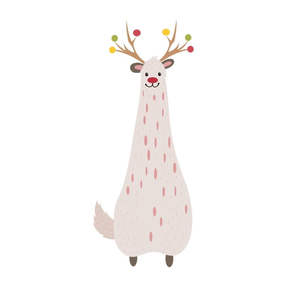 Alpaca llama with decor antlers in flat design. Cute Christmas character. illustration isolated. vector