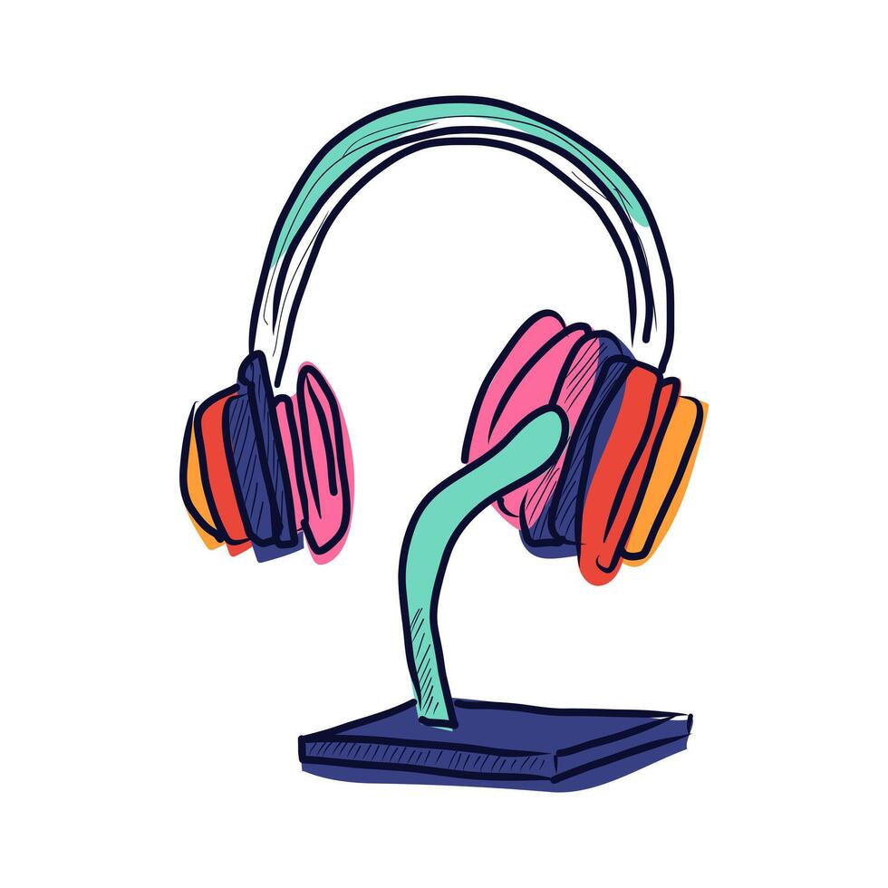 Headphones and mic stand in flat design. Headset and microphone for podcast. illustration isolated. vector