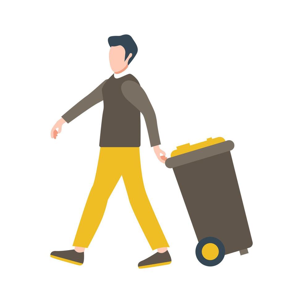 Man holding trash can at wheels in flat design. Street cleaning service. illustration isolated. vector