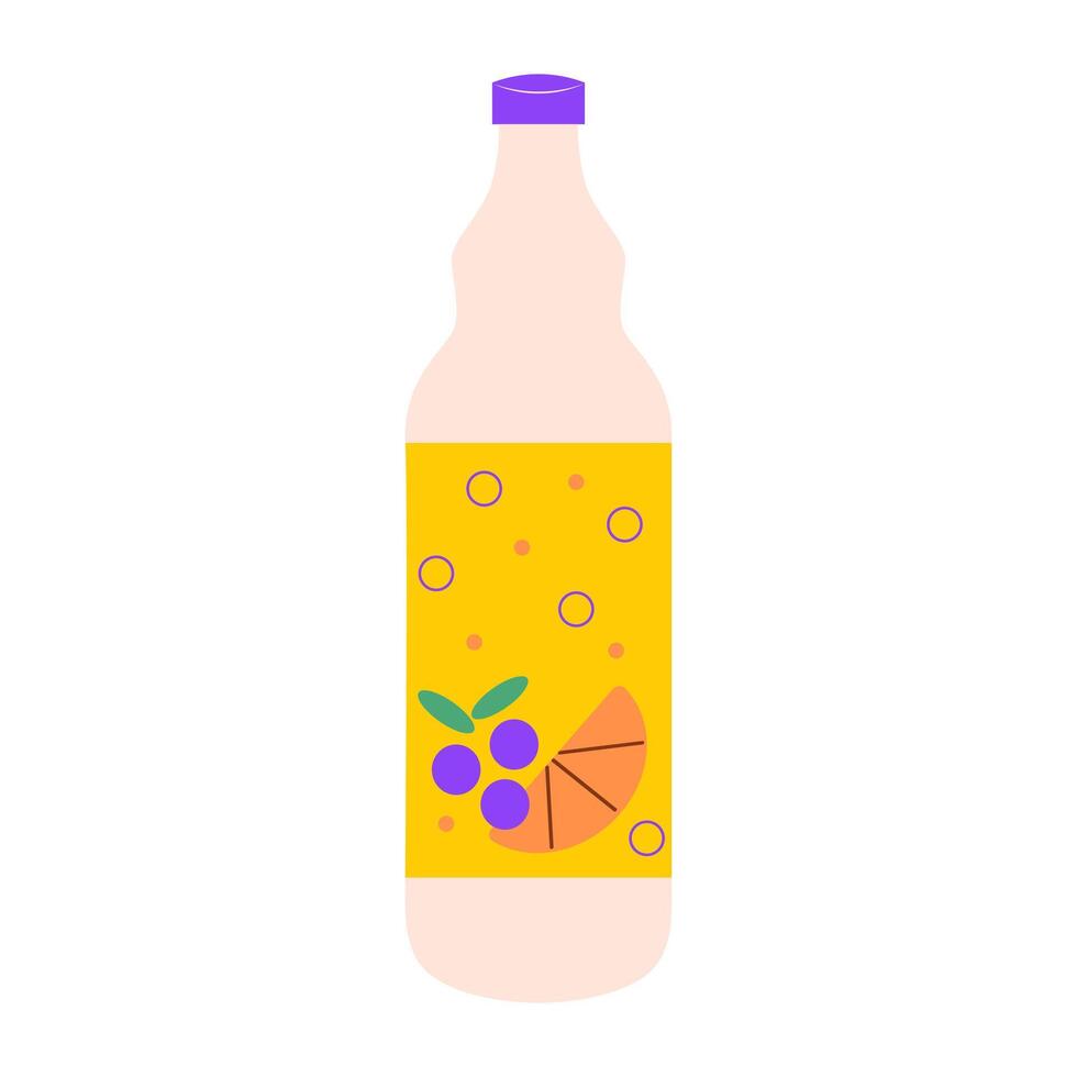Sweet drink in bottle package in flat design. Fruit fizzy beverage. illustration isolated. vector