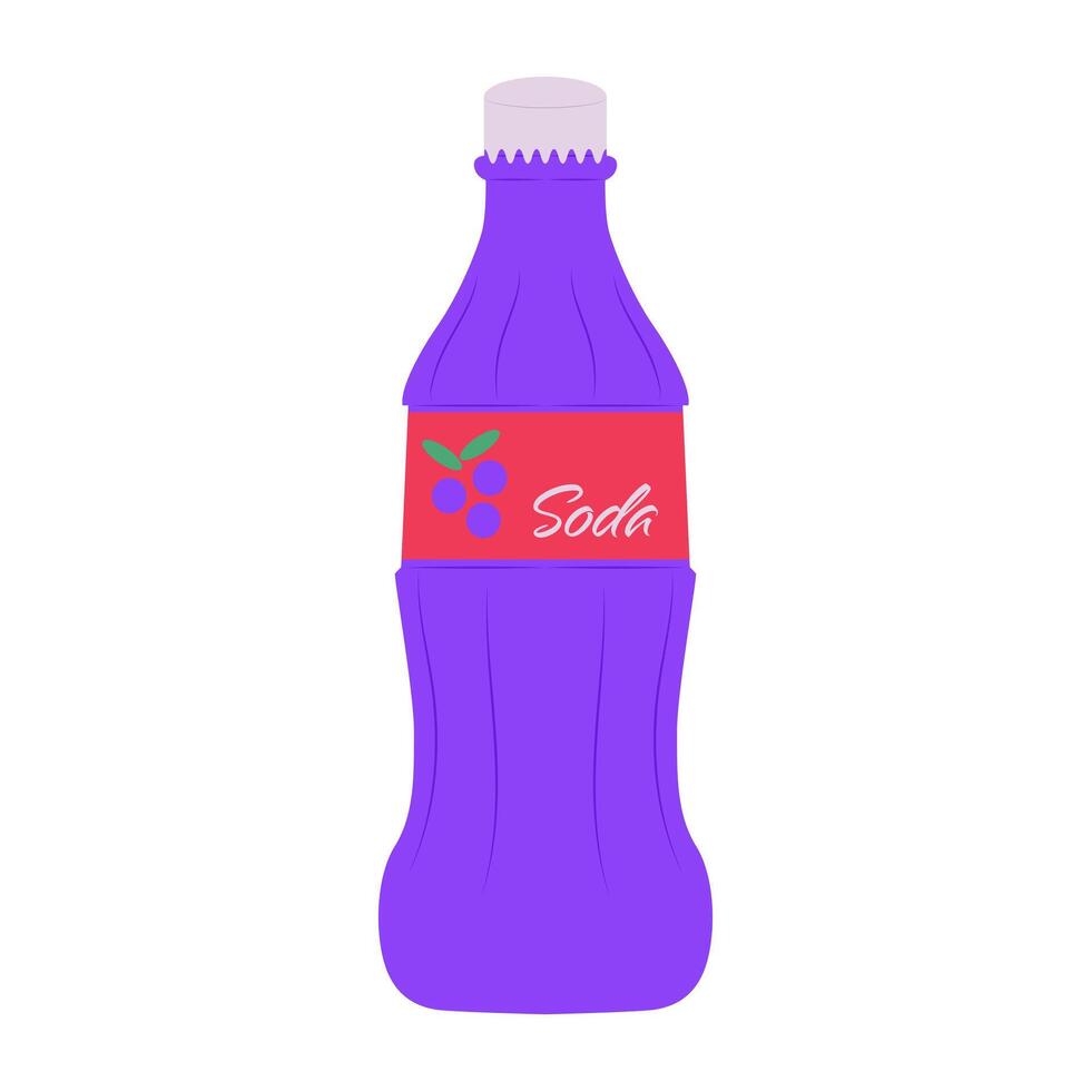 Grape soda in bottle package in flat design. Sweet fruit fizzy beverage. illustration isolated. vector
