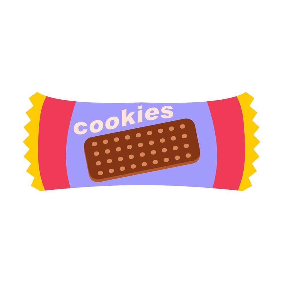 Chocolate cookies in package in flat design. Sweet snack in plastic wrapper. illustration isolated. vector