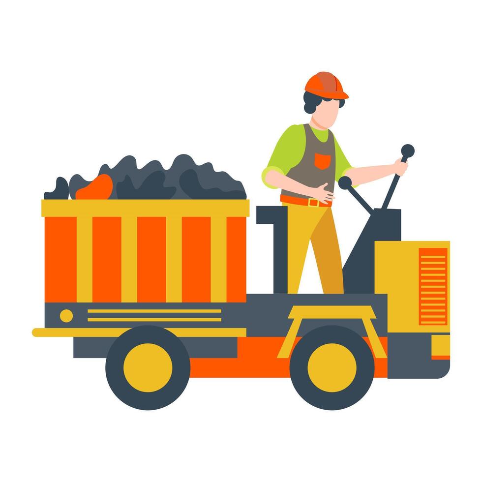 City street cleaning machinery in flat design. Man transporting garbage. illustration isolated. vector