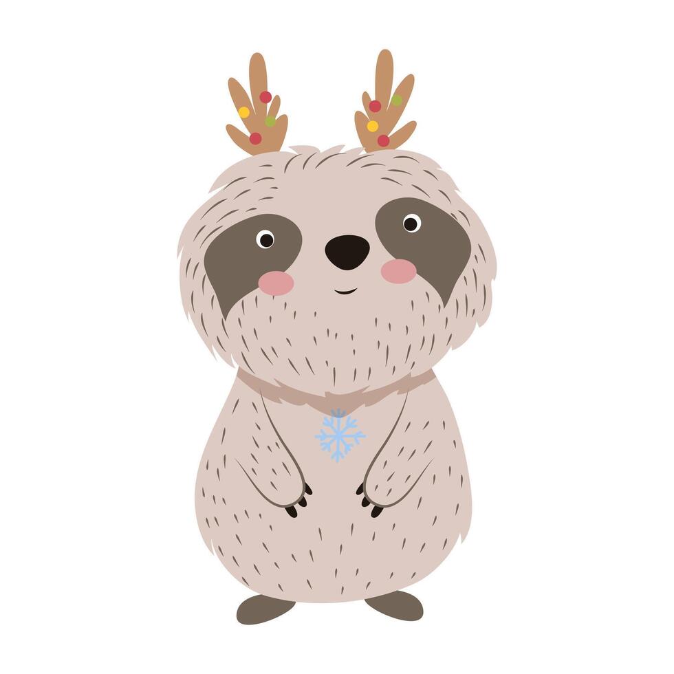 Sloth with Christmas antlers in flat design. Cute character celebrates holiday. illustration isolated. vector