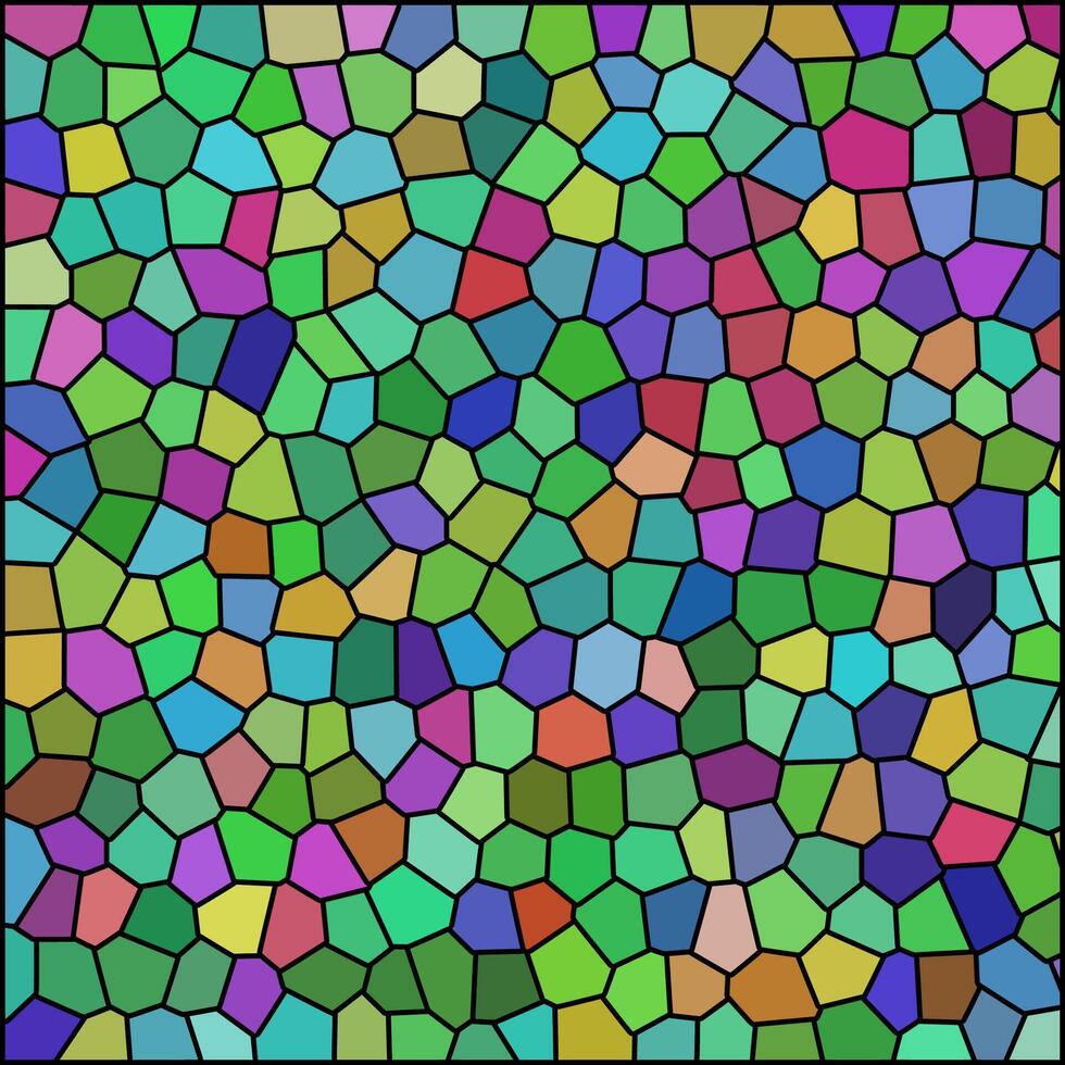 a colorful mosaic pattern composed of irregular polygonal shapes with thick black outlines. The shapes vary in color, creating a vibrant, stained glass effect across the entire surface. vector